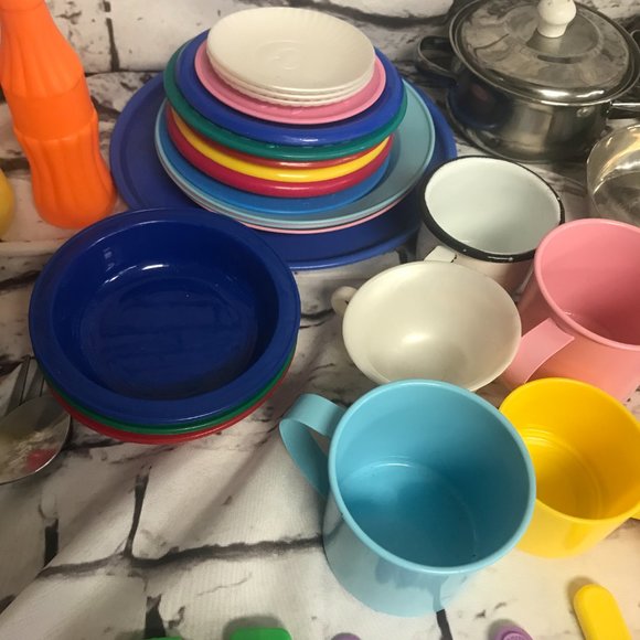 LOT of kids toddler plastic play kitchen dishes foods plates bowls cups - Picture 5 of 9